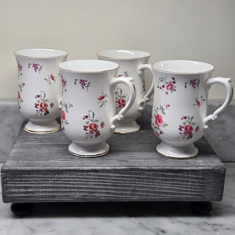VTG Royal Victoria English Garden Fine Bone China Footed Mugs Gold Trim Set of 4